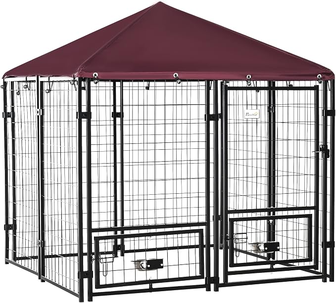 PawHut 4.6' x 4.6' x 5' Outdoor Dog Kennel, Welded Wire Dog Kennel Outside Run with 360° Rotating Bowls, Waterproof & UV Resistant Cover, for S&M Breeds, Chickens, Ducks, Red | Dog Kennel Outside Run, 360° Rotating Bowls, Waterproof & UV Resistant Cove...