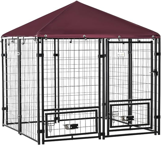 PawHut 4.6' x 4.6' x 5' Outdoor Dog Kennel, Welded Wire Dog Kennel Outside Run with 360° Rotating Bowls, Waterproof & UV Resistant Cover, for S&M Breeds, Chickens, Ducks, Red | Dog Kennel Outside Run, 360° Rotating Bowls, Waterproof & UV Resistant Cove...