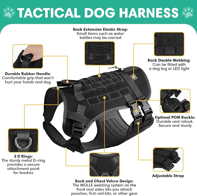 YooxArmor No Pull Dog Harness and Leash Set, Tactical Adjustable for Large Dog, Easy Walk Soft Vest Padded Oxford for Training Hiking (Black-L)