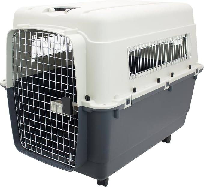 SportPet Airline Compliant XXX-LARGE 48" Travel Dog Kennel-Durable Plastic Airline Pet Carrier w/Removable Wheels & Food Bowls, Collapsible Indoor/Outdoor Dog Kennel, Dogs up to 44"L & 33"H-Cream/Gray