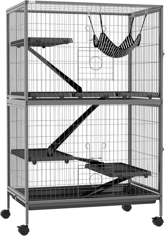PawHut 50" 5-Tier Small Animal Cage, Ferret Cage, Large Chinchilla Cage with Hammock Accessory & Heavy-Duty Steel Wire, Small Animal Habitat with 4 Doors, Removable Tray, Gray