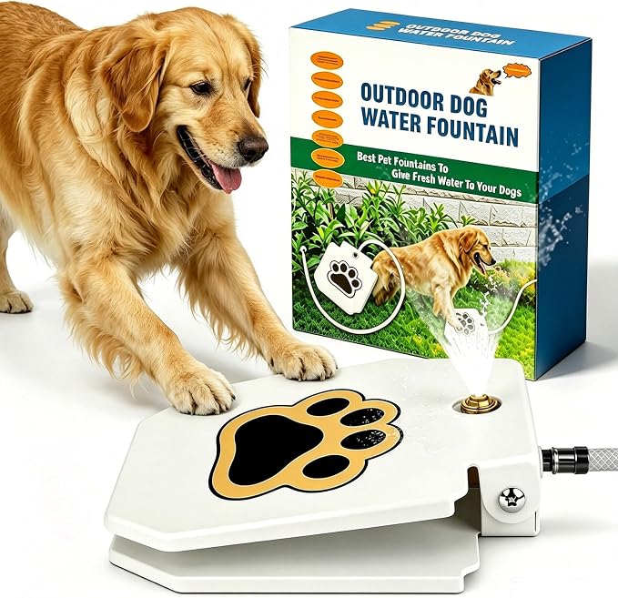 Outdoor Dog Water Fountain Step On, Dog Sprinkler Paw Activated for Large Dogs, Heavy Duty Pet Drinking Dispenser with Brass Valve & Anti Bite Hose, Summer Backyard Water Toy, 30s No Tool Setup (1Set)