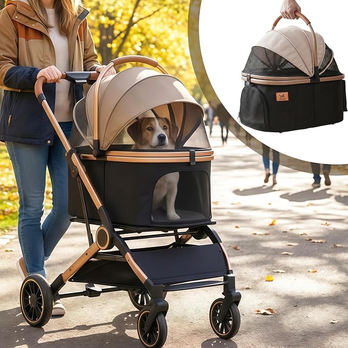 6-in-1 Cat Stroller for Cats & Small Dogs, Foldable Travel | Luxury Brown Pet Stroller, Detachable Carrier, Foldable Dog Stroller for Small Dogs, 360° Wheels, Frame Supports up to 50 lbs