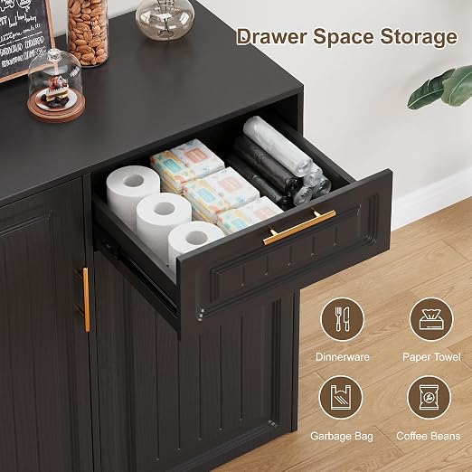 ZIFTY Pull Out Trash Can Cabinet with Storage, 13 Gallon Trash Can, Black | Pet Proof, Freestanding Kitchen Cabinet, Drawer & Adjustable Shelf, Garbage Recycling, Modern Farmhouse Waste Bin Furniture