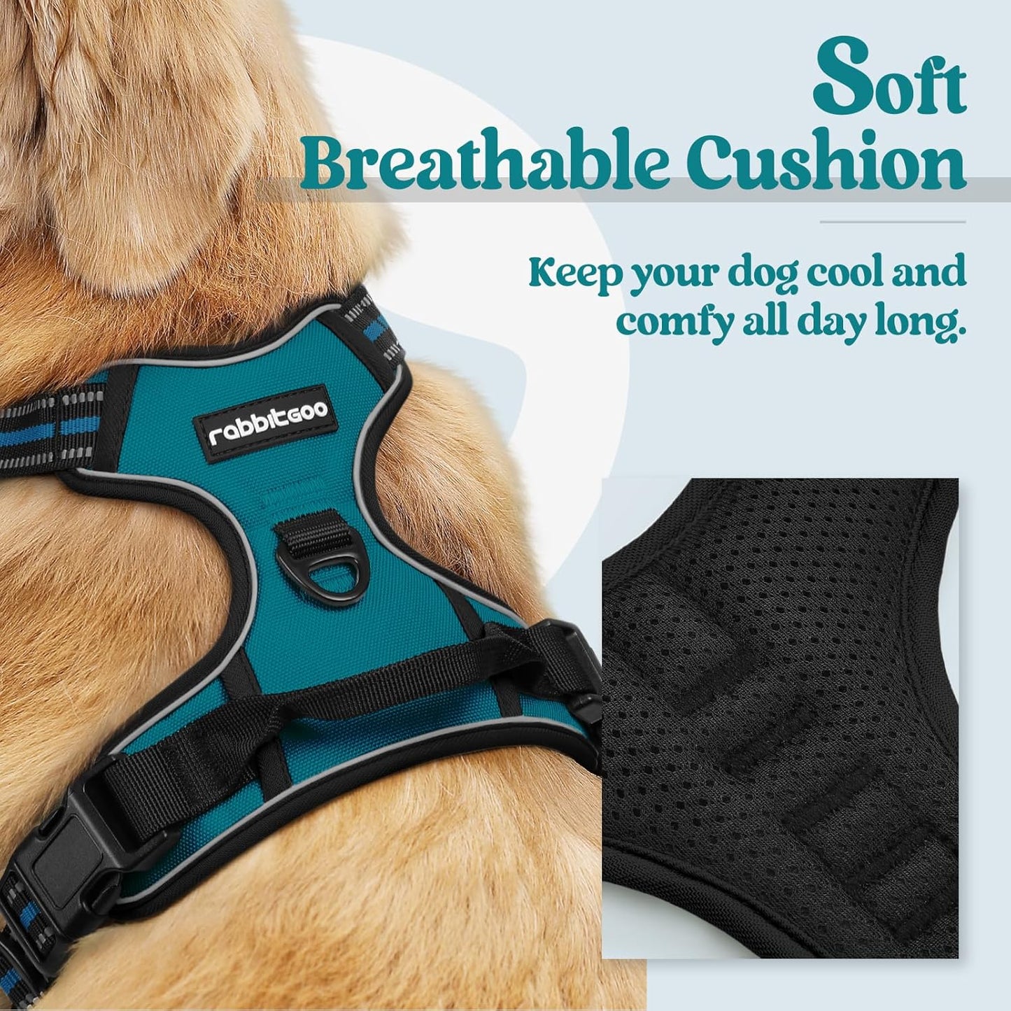 rabbitgoo Dog Harness No Pull with 2 Leash Clips, Adjustable Soft Padded, Reflective Oxford No Choke Pet Vest with Easy Control Handle for Large Dogs, Blue Coral, L