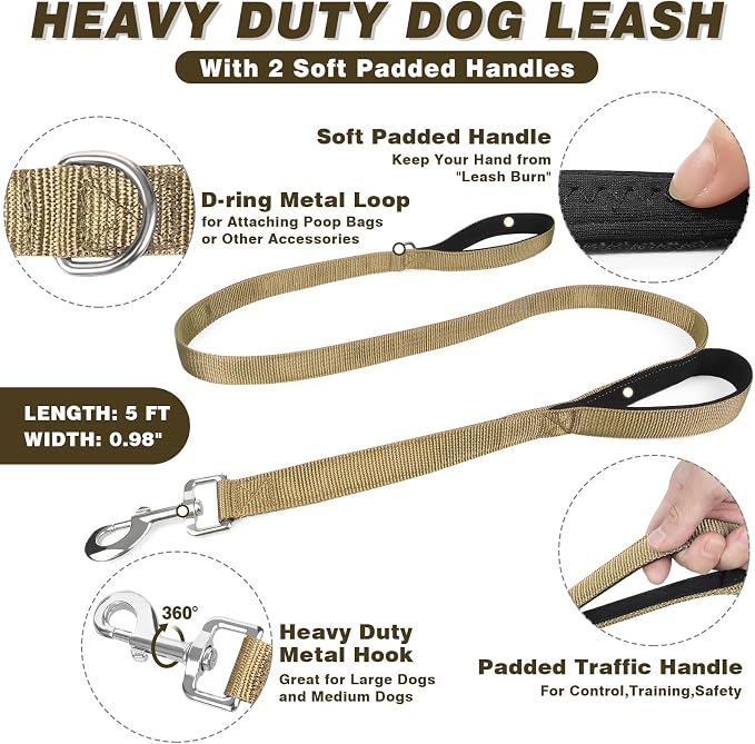 Tactical Dog Harness and Leash Set with Metal Buckles+10 Patches | Heavy Duty Service Dog Vest ,Adjustable Harness for Medium Sized Dogs,No Pull Front Back Clips,for Training Hiking,Brown M