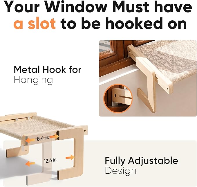 FUKUMARU Cat Window Perch, Sturdy Wood Hammock Window Bed for Indoor Cats | 3-in-1 Convertible Cat Bed for Windowsill, Bedside & Floor, Reinforced Metal Frame Hammock with Washable Linen Fabric