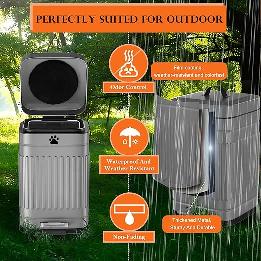 Dog Poop Trash Can Outside - 5L/1.3Gal Small Trash Can with Lid, Gray | Outdoor Dog Poop Trash Can with 40 Bags, Pedal, Removable Inner Bin, Metal Dog Waste Trash Can with Soft Close, Odor Control
