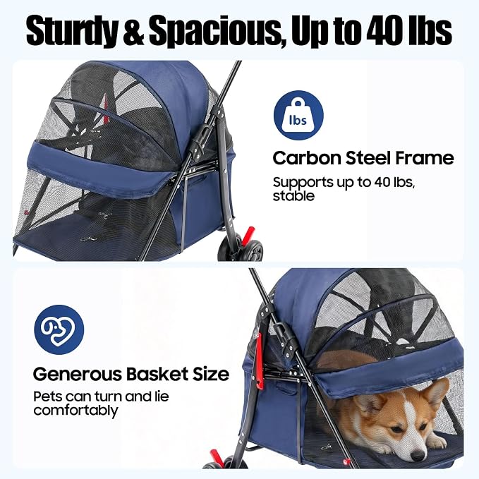 Pet Stroller for Small Medium Dogs Cats, Lightweight Foldable Pet Wagon with 360° Front Wheels & Brake, 40 lbs Capacity Carrier for Park Travel Shopping, Breathable Mesh Basket (Navy Blue)