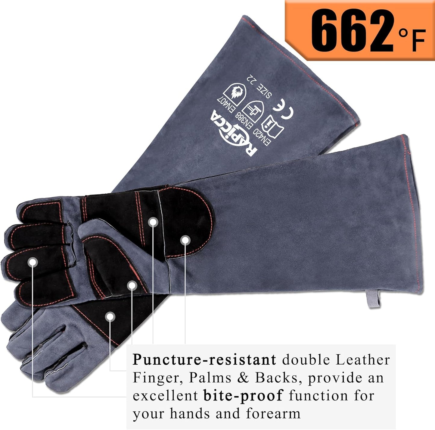 RAPICCA Animal Handling Gloves Bite Proof Reinforced Leather Padding Dog,Cat Scratch,Bird Handling Falconry Gloves Grabbing,Reptile Squirrel Snake Bite 22in Grey-Black