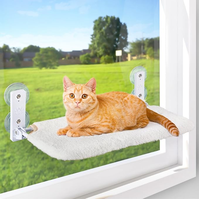 AMOSIJOY Cordless Cat Window Perch, Cat Hammock for Wall with 4 Strong Suction Cups, Solid Metal Frame and Reversible Cover, Foldable Cat Beds for Indoor Cats (Medium-White)