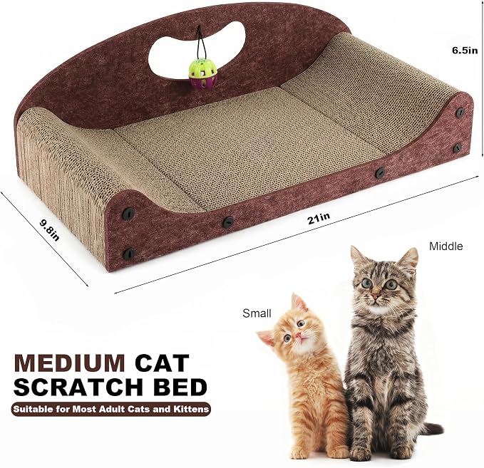 21" Cat Scratcher Bed, Scratcher Couch for Indoor Cats, Cardboard Scratcher Sofa, Durable Scratch Pad with Ball, Furniture Protector (Brown, Medium)