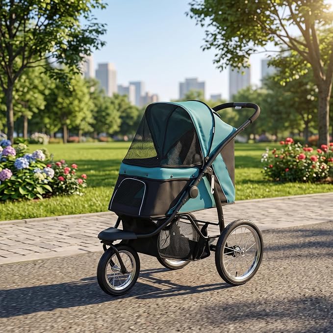 PawHut 3 Wheels Pet Stroller, Foldable Dog Stroller with Adjustable Canopy, Safety Tether, Cushion, Storage Basket, Portable Jogger for Small and Medium Dogs and Cats, Dark Green