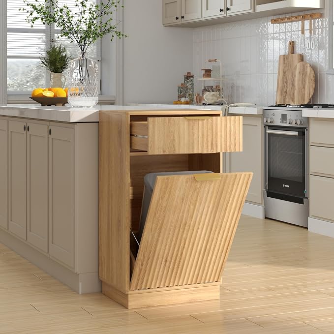 10-Gallon Single Tilt Out Trash Can Cabinet with Drawer,Kitchen Trash Can Cabinet Garbage Recycling Cabinet Wooden Dog-Proof Trash Cabinet for Dining Room and Kitchen,Laundry Room