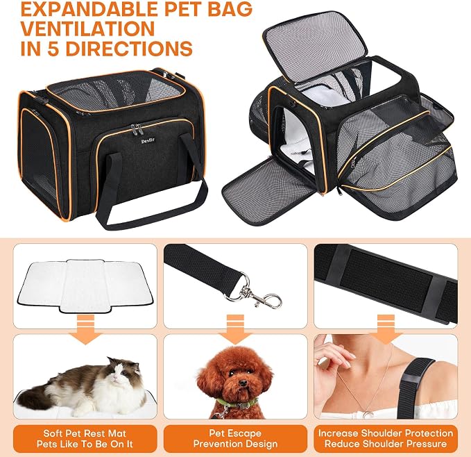 Pet Carrier, Large Soft Sided Expandable Travel Carrier with Steel Frame, Anti-Scratch Mesh, Removable Fleece Pad and Pockets for Cats, Dogs and Small Animals up to 15 lbs (Black, 5 Sides Expandable)