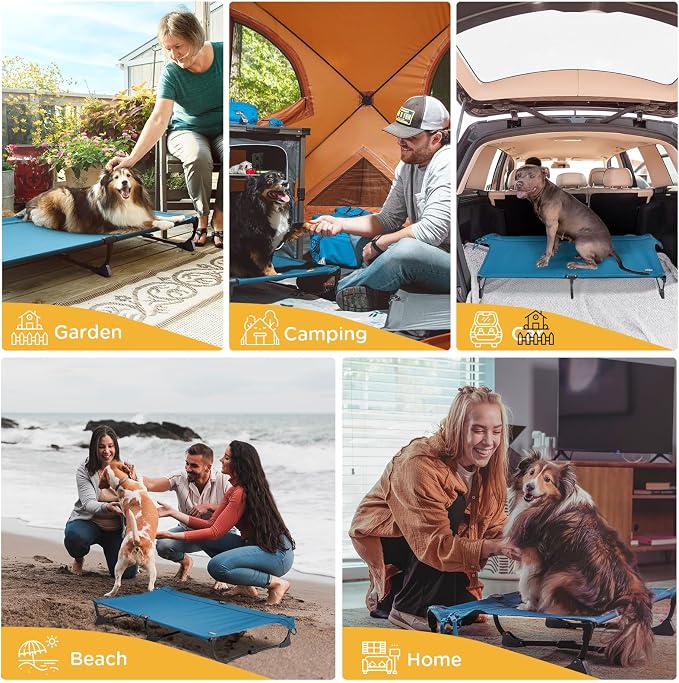 Upgraded Non-Slip Daisy Cot, Medium Foldable Elevated Dog Bed, Portable Raised Outdoor Dog Cot for Camping/Home, Chew Proof Waterproof Heavy Duty Up to 160 Lbs, Dark Blue, 32"x 23"