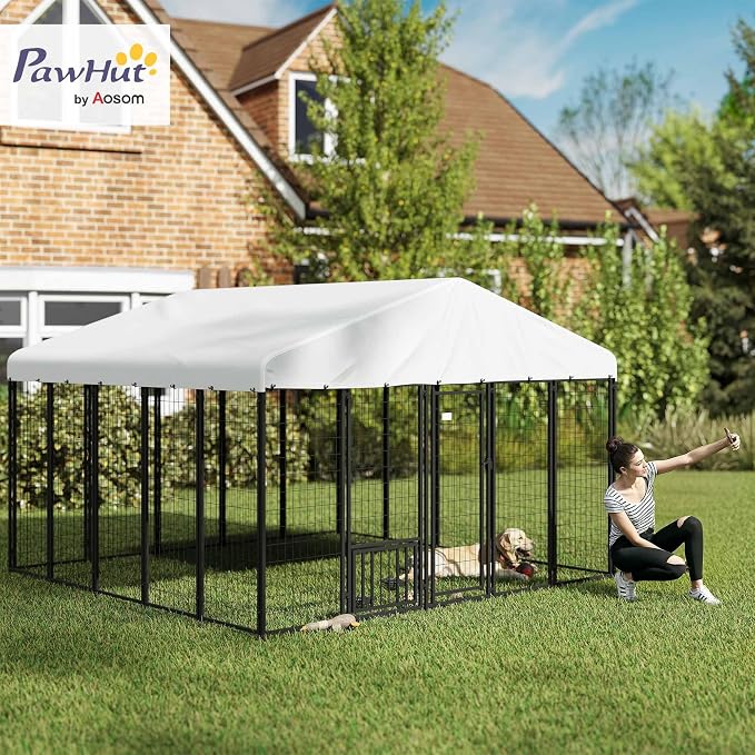 PawHut 10' x 10' x 6' Outdoor Dog Kennel with 360° Rotating Bowls, Sliver | Welded Wire Dog Kennel Outside Run, Waterproof & UV Resistant Cover, for S&M&L Breeds, Chickens & Ducks
