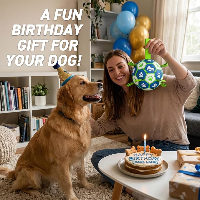 QDAN Dog Toy Balls, Dog Soccer Ball with Straps, Outdoor Dog Toys, Pet Training Soccer for Medium Large (6 Inch)