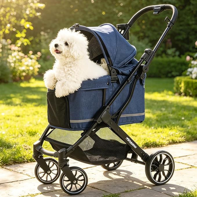 797Audio Dog Stroller for Small Medium Dogs, Pet Stroller for Cats Puppy Up to 121lbs,Foldable,One Click Folding,4 Wheel Shock Absorption,Adjustable Canopy with Sun Shades,Removable Washable Pad(Blue)