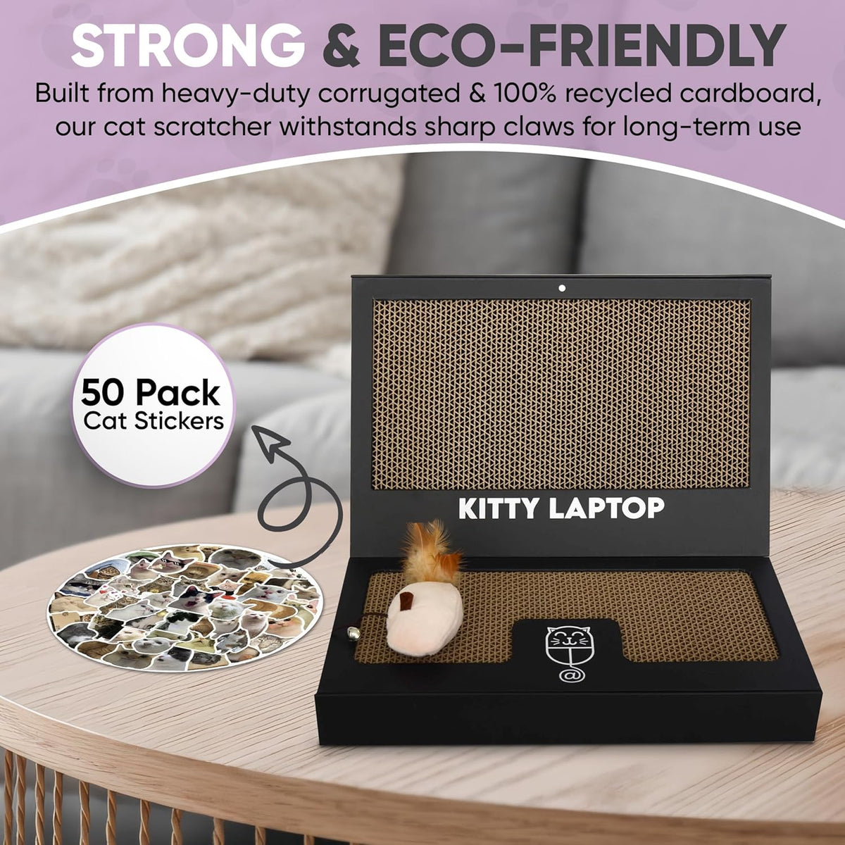 Toy Cat Laptop with 2 Scratchboards + Catnip Mouse Toy for Cats + 50pack Cat Sticker - Interactive Eco-Friendly Cat Computer with Scratch Pad Laptop for Cats - Mini Cat Laptop