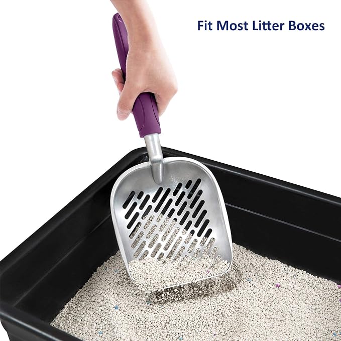 Cat Litter Scoop, Aluminum Alloy Sifter, Kitty Metal Scooper, Deep Shovel with Diagonal Sifting Hole, Long Handle, Kitten Poop Lifter for Litter Box, Large Size, Violet Handle