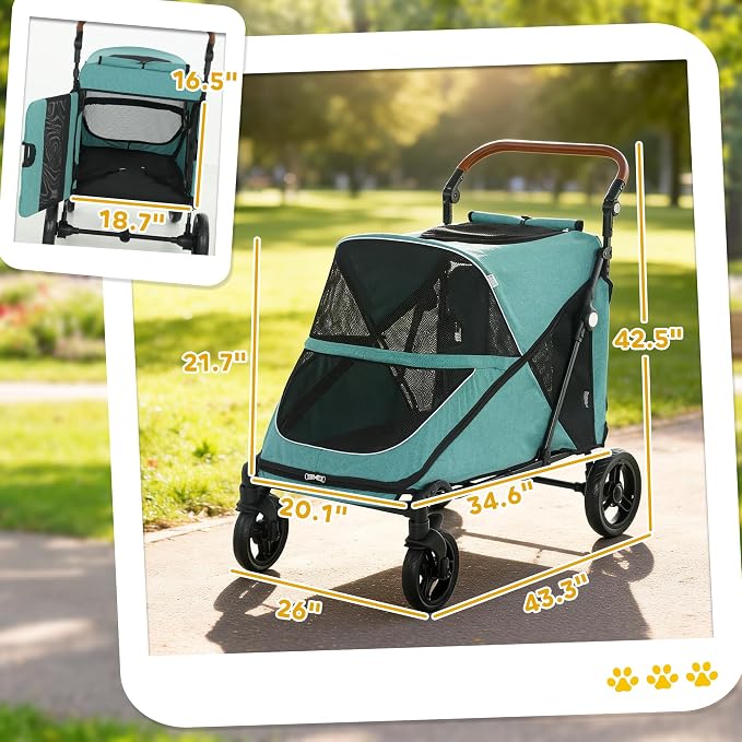 PawHut Dog Stroller for Large Dogs, One-Click Folding 4 Wheel Large Pet Stroller Wagon for Multiple Pets, All Terrain Spring Suspension w/ 8-Position Adjustable Handle, Mesh Window, Up to 66 LBS, Teal
