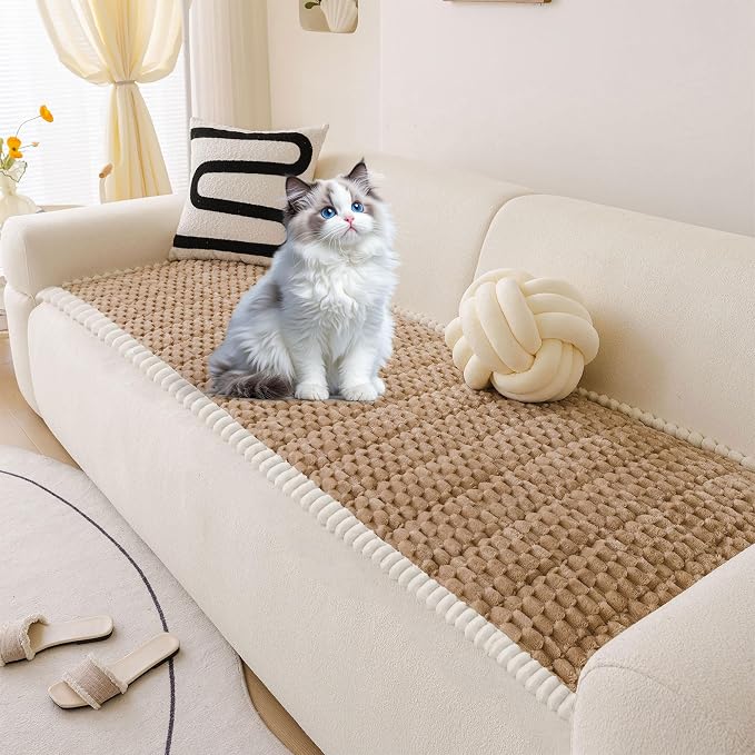 OTOB All Seasons Couch Covers for 3 Cushion Sofa Pet Friendly, Non Slip Plush Fuzzy Sofa Covers Washable, Soft Cozy Sofa Slipcovers Dog Bed Mat Furniture Protector (Coffee, 27.6" x 82.7")