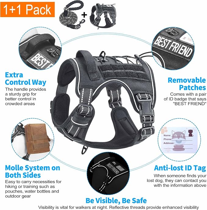 Beebiepet Heavy Duty Tactical Dog Harness for Small Dogs, No Pull Adjustable Pet Harness Reflective Service Training Easy Control Pet Vest Military K9 Working Dog Harnesses-X- Large, Black