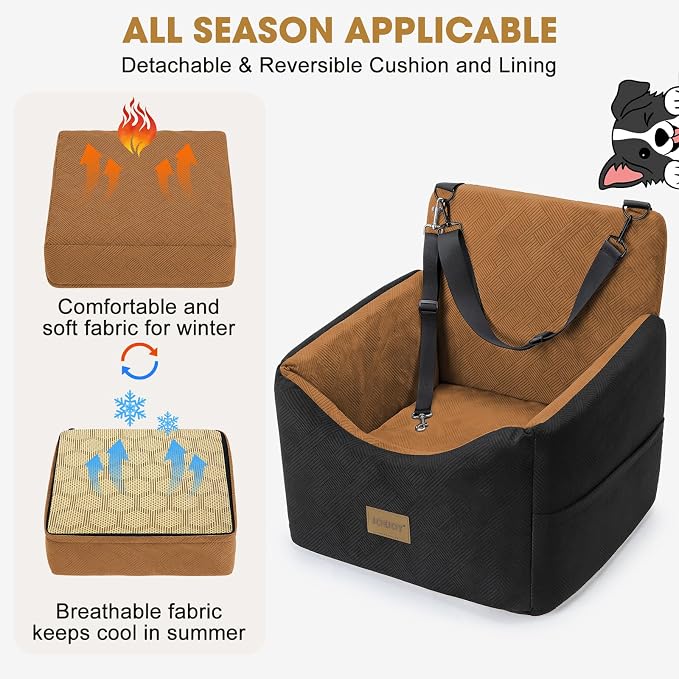 JOEJOY Dog Car Seats for Small Medium Dogs Under 35lbs, Dog Booster Seat with Detachable Washable Cover and Cushion, Memory Foam Pet Car Seat with Safety Belt and Storage Pockets (Brown)