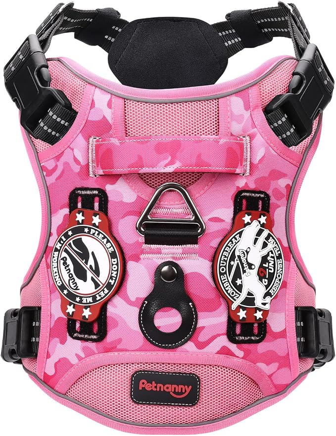Petnanny Tactical Dog Harness No Pull Service Dog Vest L Pink Camo | Tactical Dog Vest with breathable mesh & hook loop panel, no pull harness for walking training, adjustable fit