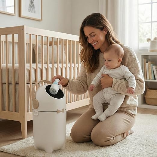 iTouchless 4 Gal Nursery Bin | Odor-Locking Diaper Pail Bin | Boho Ivory | Rotating Ball Seal Traps Smells | Soft Neutral Accent Color | Fits Any Standard Trash Bag | Flip-Up Handle Opens One-Handed