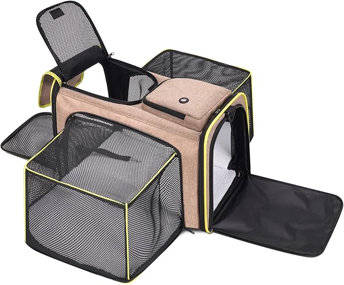 Pet Carrier, Large Soft Sided Expandable Travel Carrier with Steel Frame, Anti-Scratch Mesh, Removable Fleece Pad and Pockets for Cats, Dogs and Small Animals up to 15 lbs (Brown, 4 Sides Expandable)