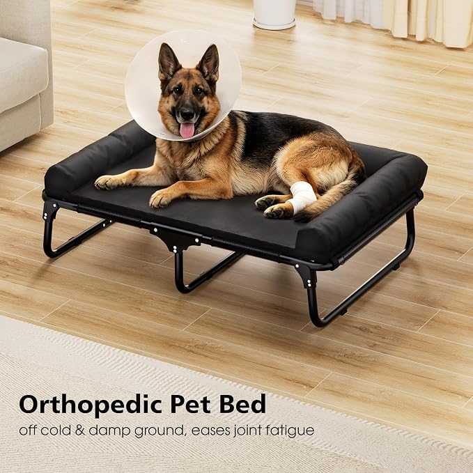 Foldable Elevated Large Dog Cot Bed with Detachable Soft Mat | For Indoor & Outdoor, Raised Orthopedic Pet Bed, Load Over 150 LBS, Carry Handle, Heavy Duty Frame, Non-slip Foot Pads