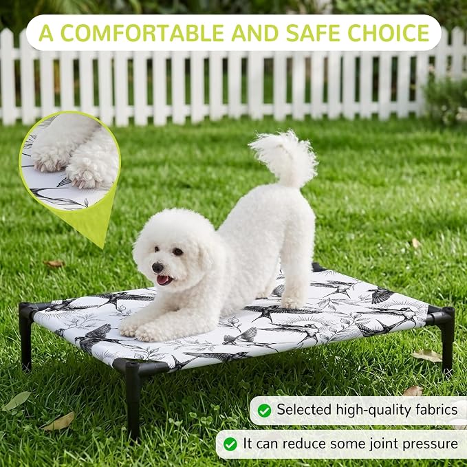 Outdoor Elevated Dog Bed for Medium Dogs, Birds Leaves Breathable Cooling Raised Dog Cot for Indoor/Outdoor, Spring Farmhouse Botanical Animals Vines Waterproof Elevated Pet Beds, M 24 x 20 in