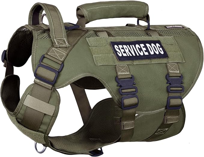 Service Dog Vest for Large Dogs, Green Tactical Harness with Military MOLLE, Breathable Mesh & 39g Metal Buckle - Size L for Training & Hiking