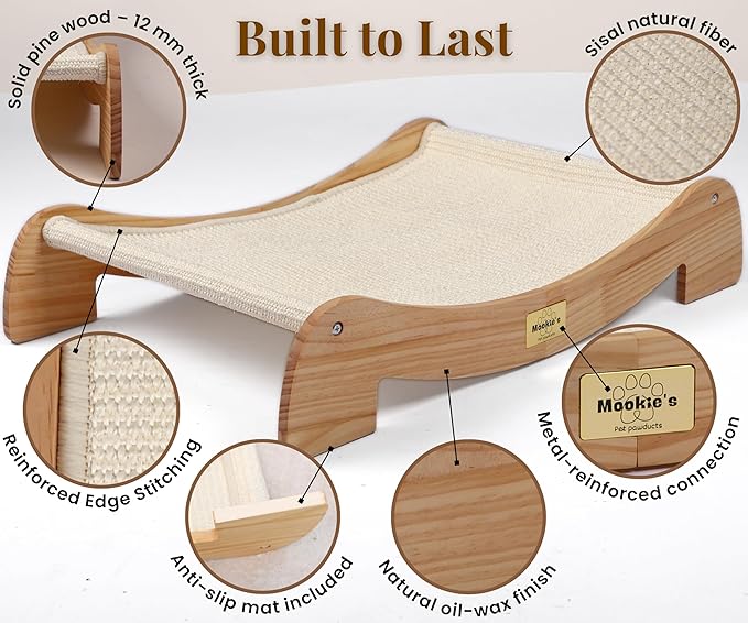 Extra Wide Cat Scratcher Bed, 26.5 x 16.7 in, Natural Sisal, Solid Wood | Stable design, supports cats up to 44 lb, renewable sisal fibres, durable and economical cardboard-free alternative