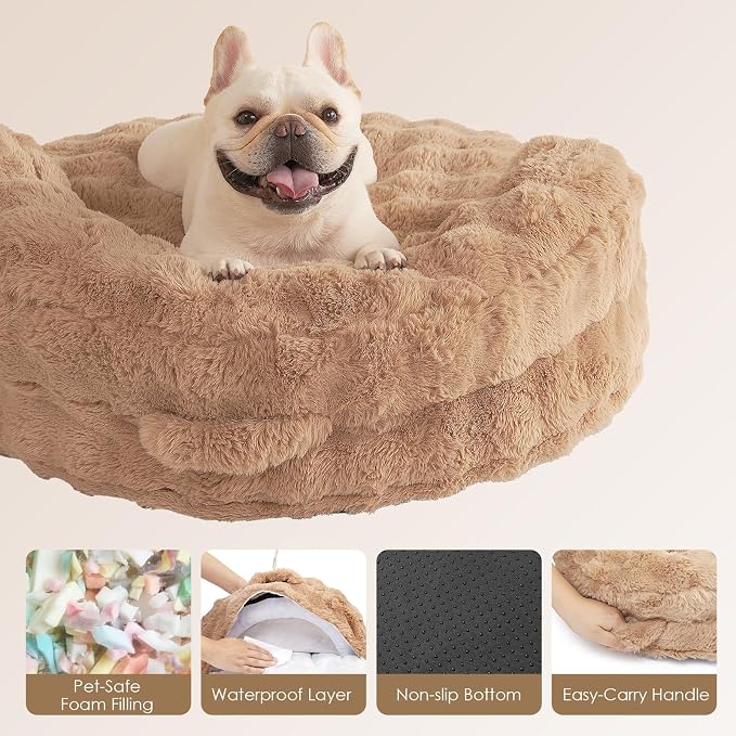 EHEYCIGA Soft Cat Couch Bed for Indoor Cats, Fluffy Small Dog Bed with Removable Washable Cover, Bolster Pet Sofa, Waterproof and Non-Slip, 23" x 23"x 7", Camel