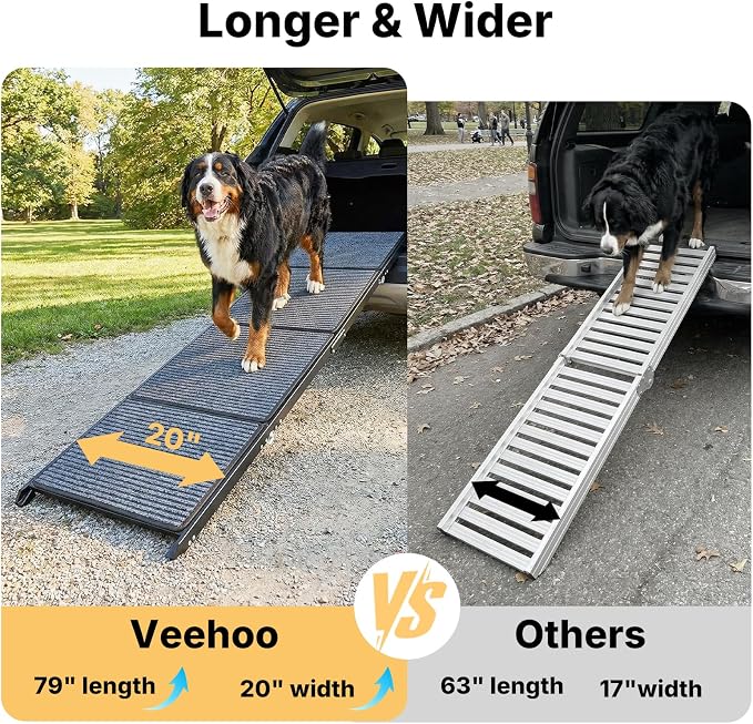 Veehoo Foldable Dog Ramp for Car Truck SUV Extra Large Wide 79" L 20" W | Outdoor Dog Ramp Heavy Duty for Pickup Trucks Minivan Portable Metal Pet Ramps for Injured Senior Dogs, Support up to 150lbs