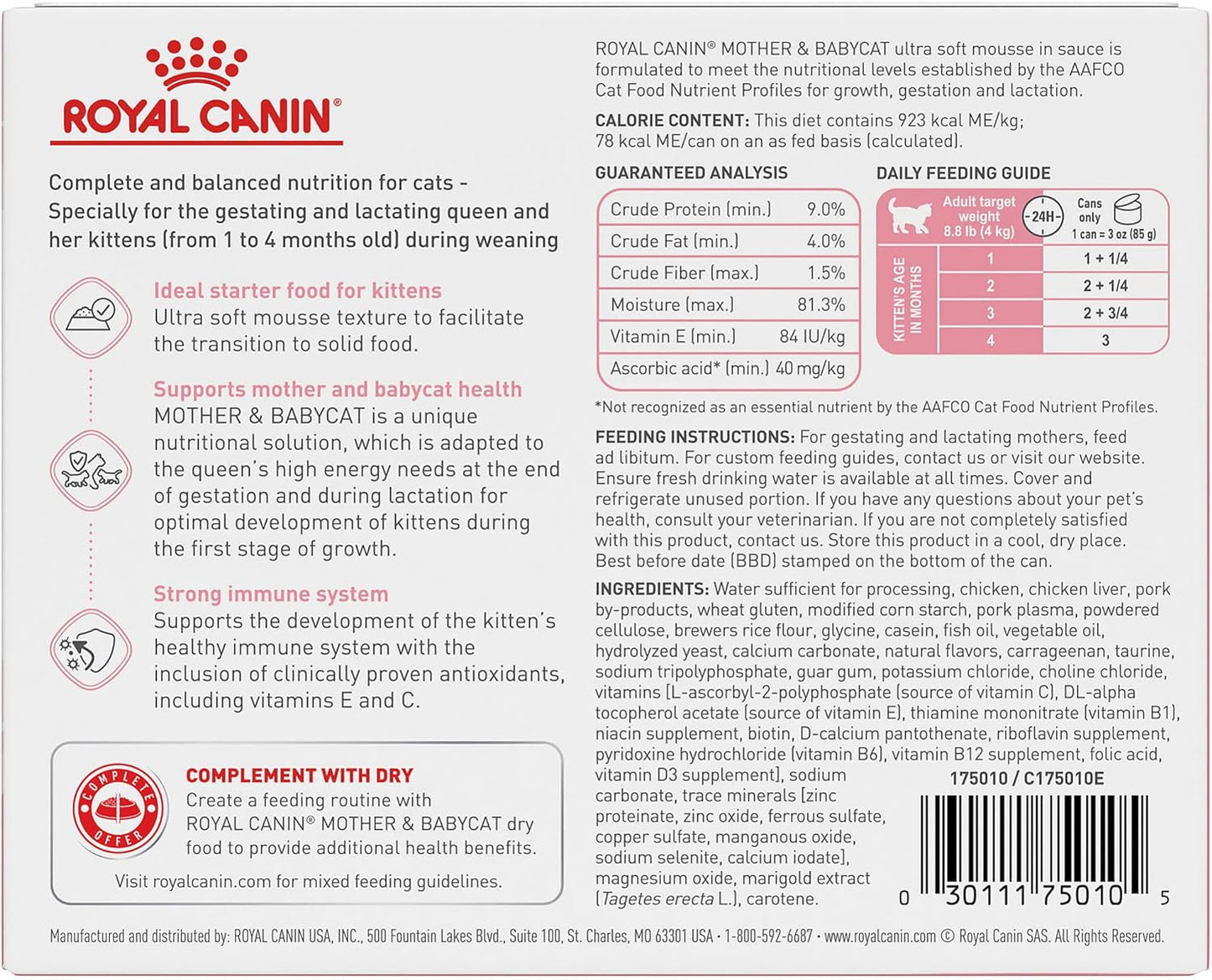 Royal Canin Feline Health Nutrition Mother & Babycat Ultra Soft Mousse in Sauce Wet Canned Cat Food, Supports Healthy Digestion and Brain Development, 3 oz, 6 Pack