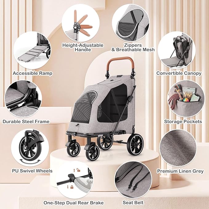MoNiBloom Large Pet Stroller with Anti-Slip Ramp, for Large Dog Up to 99lb | Heavy Duty Dog Stroller Up to 99lb, Safe & Gentle Mobility Aid, All-Terrain Wheels, Idea for Injured, Disabled, & Senior Dog