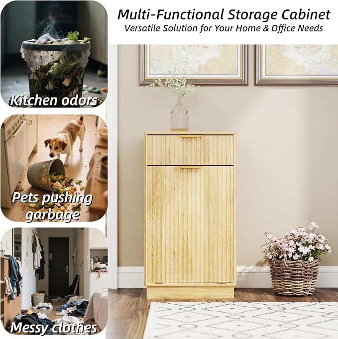 10-Gallon Single Tilt Out Trash Can Cabinet with Drawer,Kitchen Trash Can Cabinet Garbage Recycling Cabinet Wooden Dog-Proof Trash Cabinet for Dining Room and Kitchen,Laundry Room