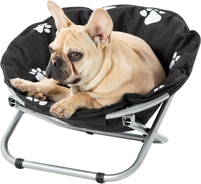 Round Pet Bed: Comfortable Elevated Cat Bed with Paw Print Cushion - Black & White Water Resistant Papasan Chair for Small Dogs