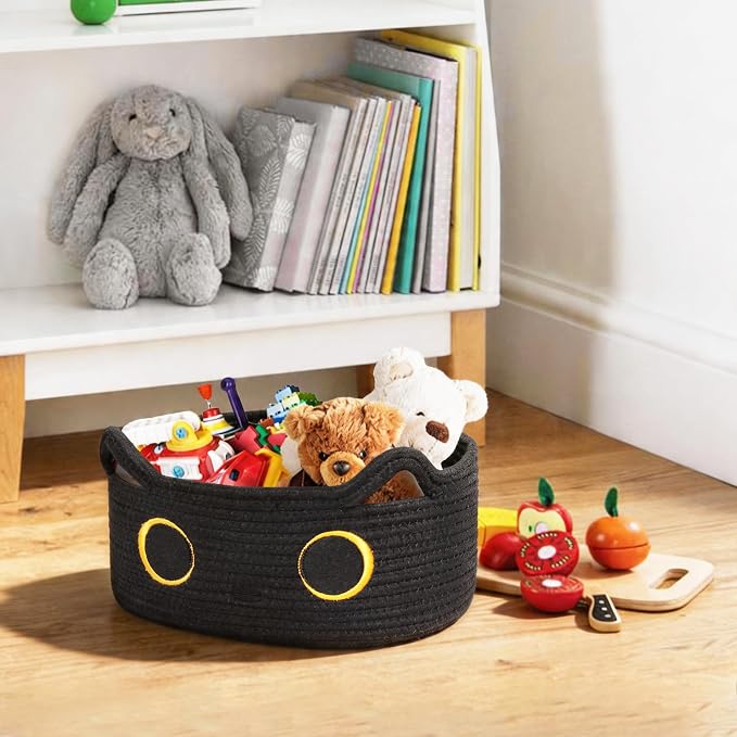 Cute Cat Toy Basket, Small Cotton Rope Toy Bin Box for Cats, Woven Organizer with Embroidered Face, Decorative Storage for Shelf, Desktop, Indoor Pet Bed, Halloween Basket Decor, Black