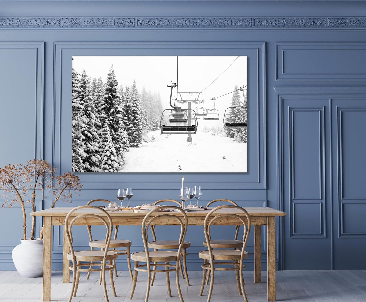 Nature Wall Art Prints - Ocean Forest Mountain Lake Canvas Landscapes - Small to Extra Large Living Room Bedroom Kitchen Bathroom Décor (Ski Lift on Snowy Mountain, 24L" x 36W")