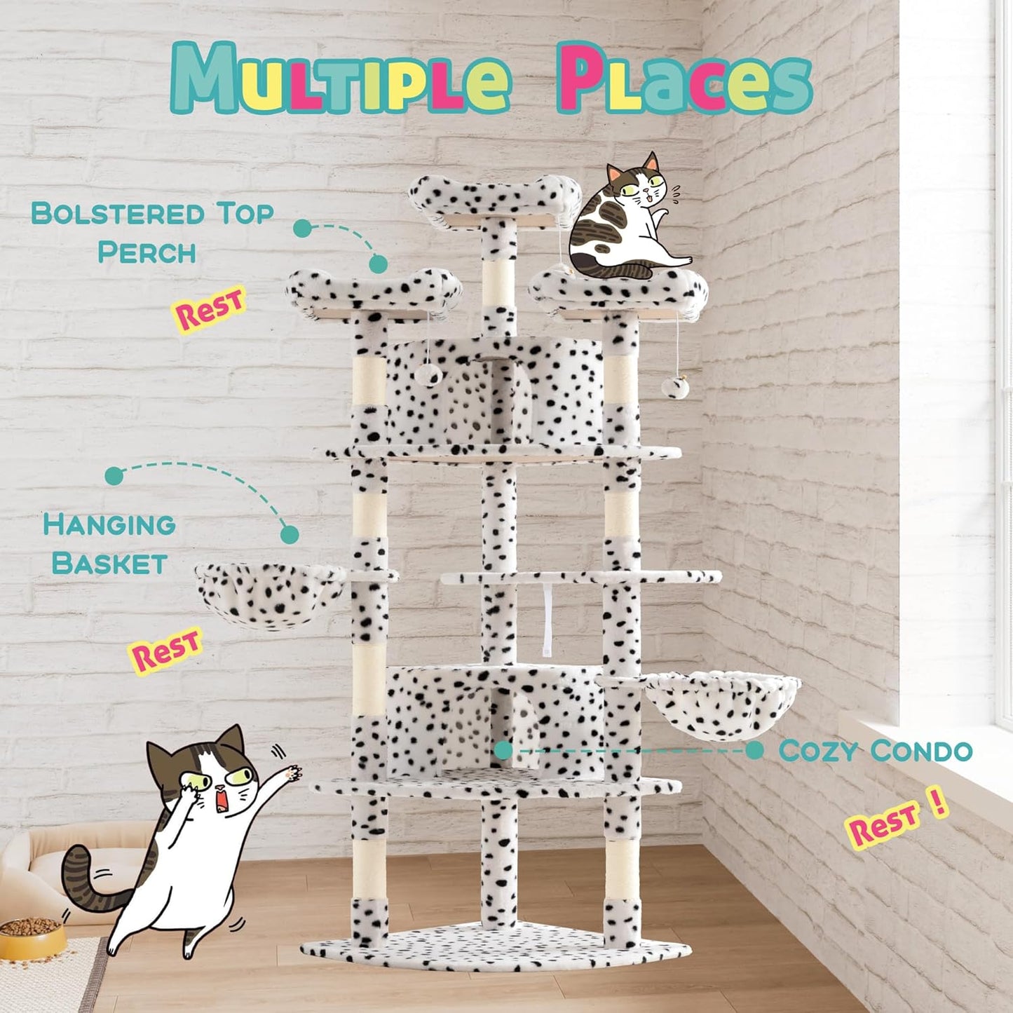 SHA CERLIN 73in Fan-Shaped Corner Cat Tower for Save Space/Multi-Level Tall Tree for Indoor Kitties/Condo with Baskets/Cozy Perches/Sisal Scratching Posts/Pet Activity House/White & Black Spot