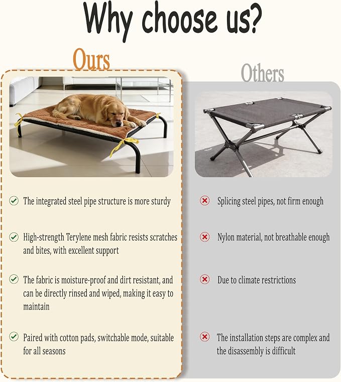 XCL Elevated Dog Bed for Large Dogs, Cooling Raised Dog Bed, Outdoor and Indoor Breathable Mesh Non-Slip Frame Pet Beds, Easy Clean, Installation, Equipped with Pet Cushion, 40In