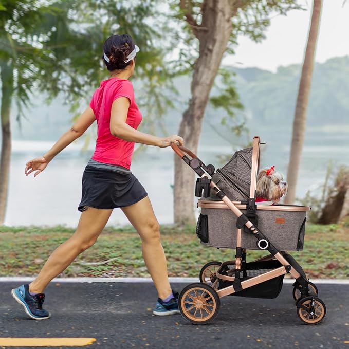 Bicystar Dog Stroller with Detachable Carrier, Rubber Wheels, 50 lbs, Black | 3-in-1 stroller and car seat, real solid rubber wheels, fits 2 small or 1 medium pet, foldable frame