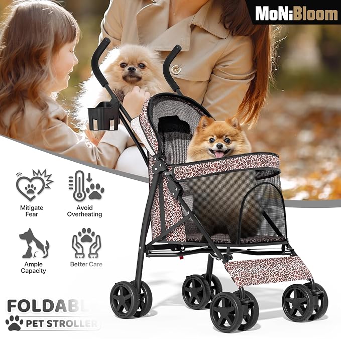 MoNiBloom 4 Wheels Pet Stroller, Easy-Fold Umbrella Shaped Dog Cat Jogger Stroller w/Storage Bag & Visible Mesh for Small/Medium Dogs Cats Leopard Print