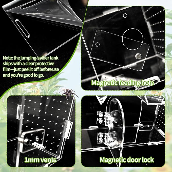 Jumping Spider Enclosure, 9.5" x 3.9" x 6.7" Acrylic with Magnetic Door Transparent Enclosure for Reptile Tarantula Jumping Spider Gecko Amphibians Chameleon