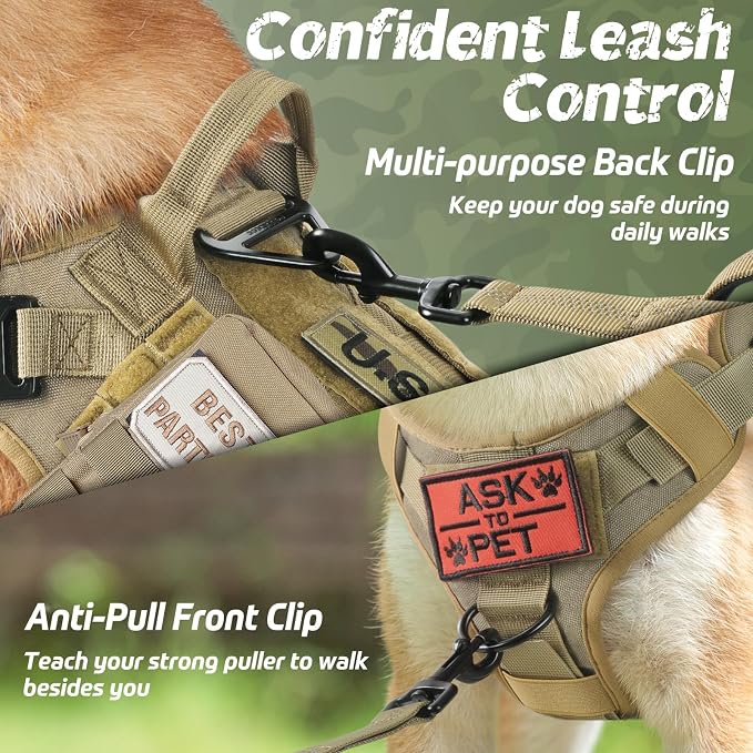 rabbitgoo Tactical Dog Harness for Medium, Heavy Duty Military No Pull Vest | Sturdy Metal Buckles, 5 Adjustments, Molle System, Powerful Pullers for Training, Hunting, Outdoor, Brown, Medium